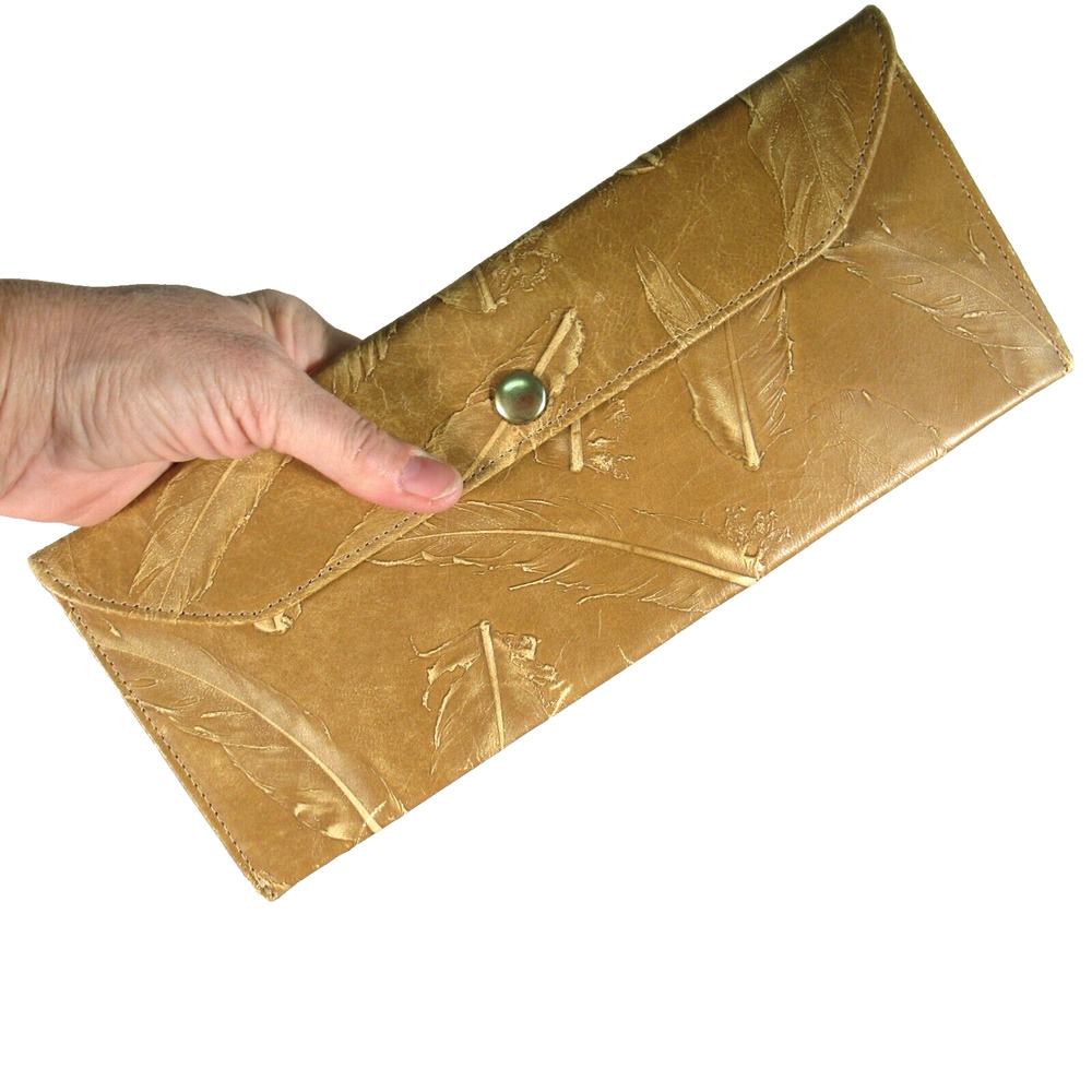 Vtg Viva Bags of CA Clutch Handbag Tan Leather Feather Embossed Envelope Pouch